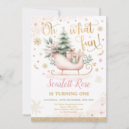 ああ何のおもしろい | Pink Winter Wonderland 1st誕生日 招待状 (正面)