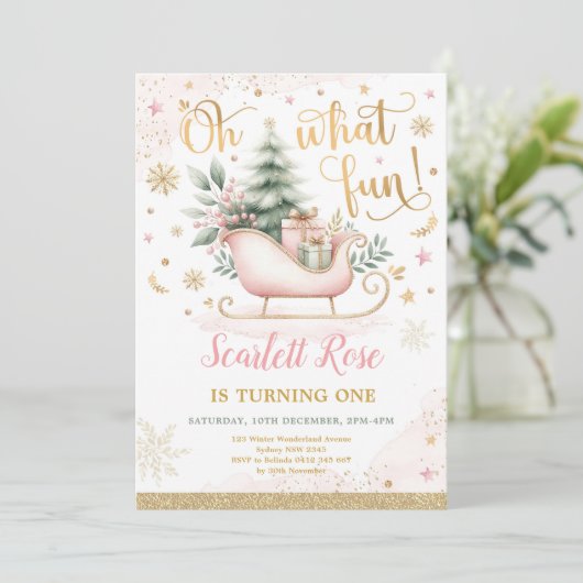 ああ何のおもしろい | Pink Winter Wonderland 1st誕生日 招待状 (スタンド正面)