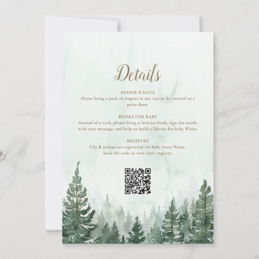 ああ女の子の松の木の森すべて1つのQR赤ちゃんシャワー 招待状 (裏面)