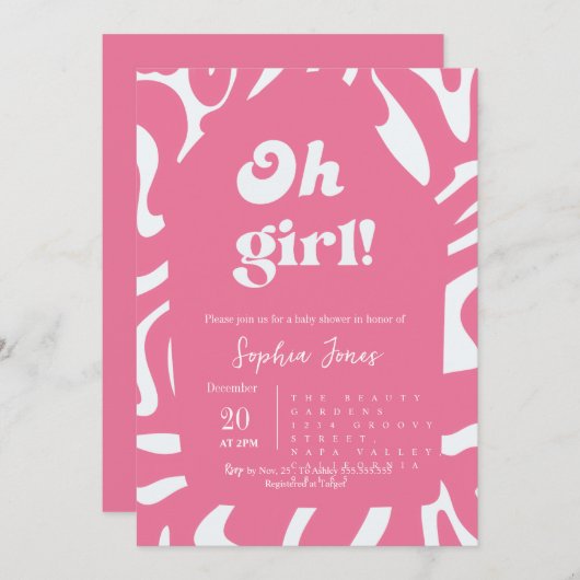 ああ女の子!バラピンク市松模様にクジンガム赤ちゃんシャワー 招待状 (正面/裏面)
