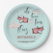 ああ時間が飛ぶレトロな飛行機男の子の誕生日 ペーパープレート (正面)