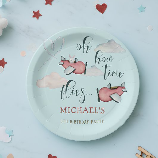 ああ時間が飛ぶレトロな飛行機男の子の誕生日 ペーパープレート