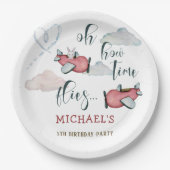 ああ時間が飛ぶレトロな飛行機男の子の誕生日 ペーパープレート (正面)