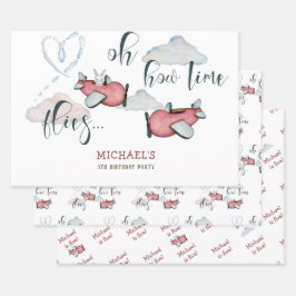 ああ時間が飛ぶレトロな飛行機男の子の誕生日 ラッピングペーパーシート