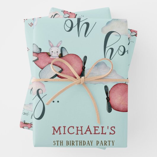 ああ時間が飛ぶレトロな飛行機男の子の誕生日 ラッピングペーパーシート (インサイチュ)