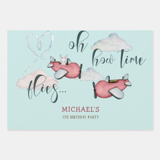 ああ時間が飛ぶレトロな飛行機男の子の誕生日 ラッピングペーパーシート (正面)