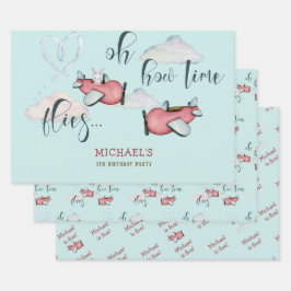 ああ時間が飛ぶレトロな飛行機男の子の誕生日 ラッピングペーパーシート