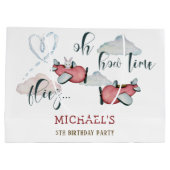 ああ時間が飛ぶレトロな飛行機男の子の誕生日 ラージペーパーバッグ (裏面)