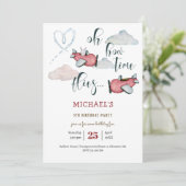 ああ時間が飛ぶレトロな飛行機男の子の誕生日 招待状 (スタンド正面)