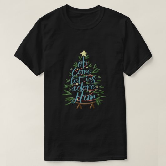 ああ来、彼を崇拝しよう、クリスマスツリー引用文T-S Tシャツ (デザイン正面)