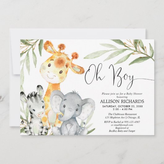 ああ男の子かわいいサファリ動物の緑の男の子シャワー 招待状 (正面)