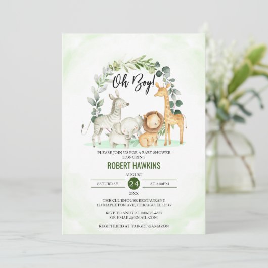 ああ男の子かわいいジャングルサファリ動物の赤ちゃんシャワー 招待状 (スタンド正面)