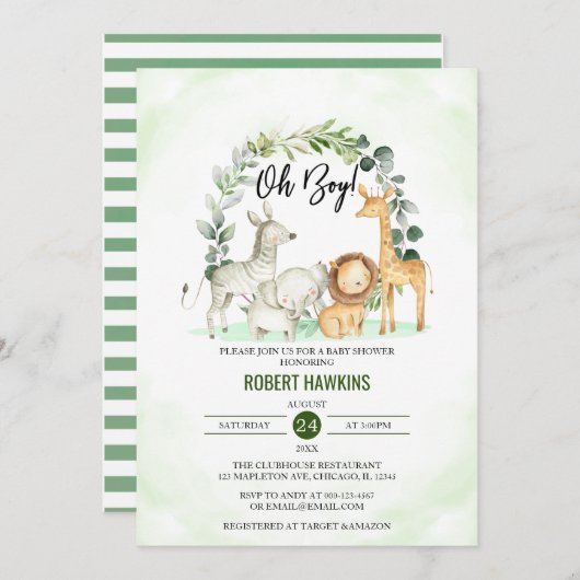 ああ男の子かわいいジャングルサファリ動物の赤ちゃんシャワー 招待状 (正面/裏面)