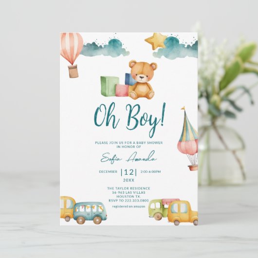 ああ男の子かわいいテディベア赤ちゃんシャワー 招待状 (スタンド正面)