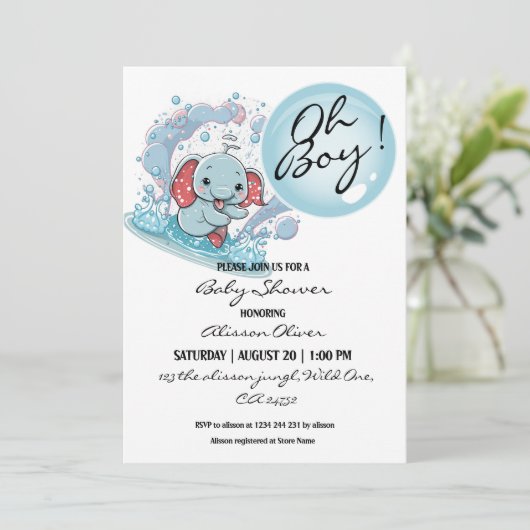 ああ男の子かわいいベビーゾウ青バブル赤ちゃんシャワー 招待状 (スタンド正面)