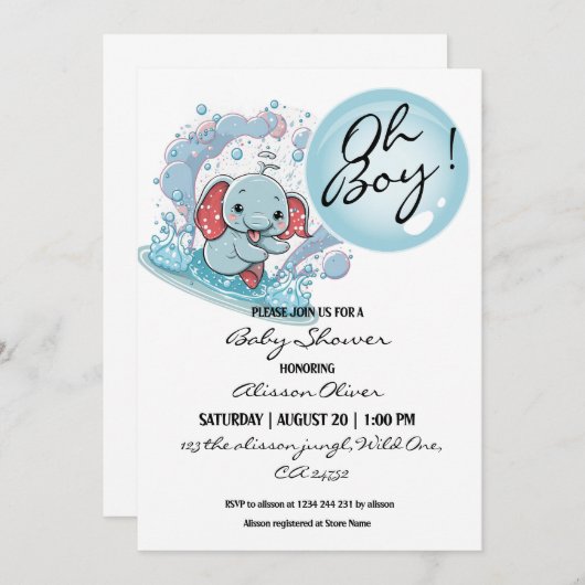 ああ男の子かわいいベビーゾウ青バブル赤ちゃんシャワー 招待状 (正面/裏面)