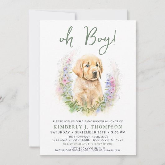 ああ男の子の子犬モダンセージ緑の赤ちゃんシャワー 招待状 (正面)