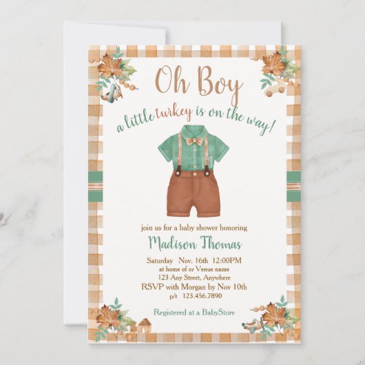 ああ男の子の小さな七面鳥の赤ちゃんシャワー 招待状 (正面)