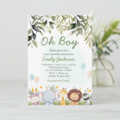 ああ男の子の緑のジャングルサファリ動物の赤ちゃんシャワー 招待状 (スタンド正面)