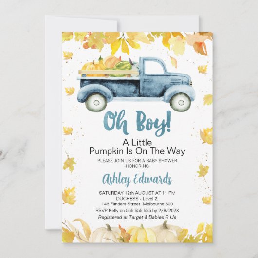 ああ男の子の葉パンプキントラック赤ちゃんシャワー 招待状 (正面)