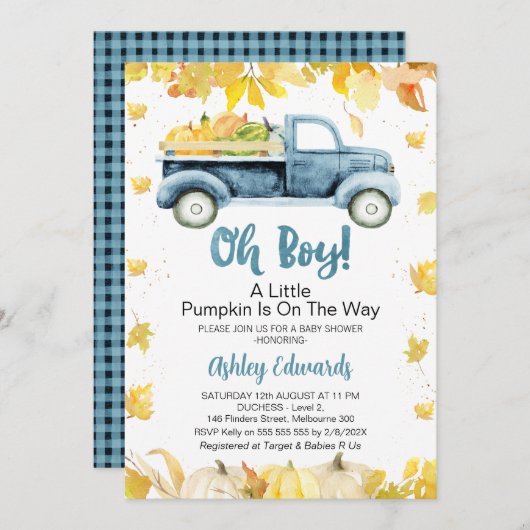 ああ男の子の葉パンプキントラック赤ちゃんシャワー 招待状 (正面/裏面)
