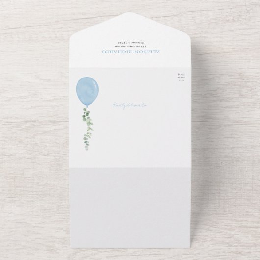 ああ男の子の青い風船モダン緑の赤ちゃんシャワーA オールインワン招待状 (外側)