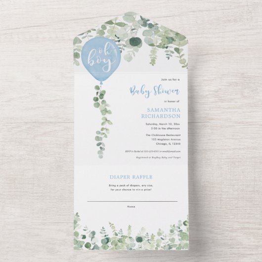 ああ男の子の青い風船モダン緑の赤ちゃんシャワーA オールインワン招待状 (内側)