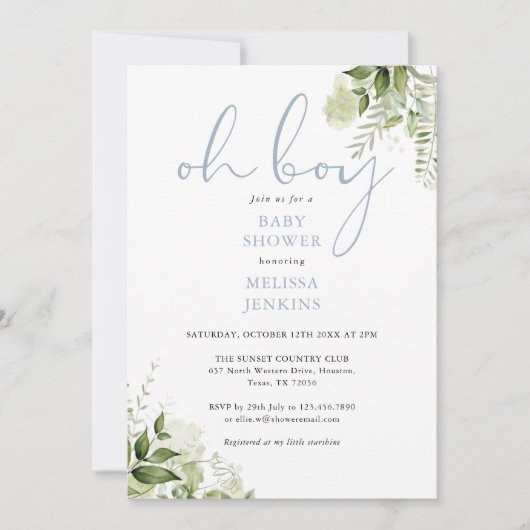 ああ男の子ほこりっぽい青い緑の赤ちゃんシャワー 招待状 (正面)