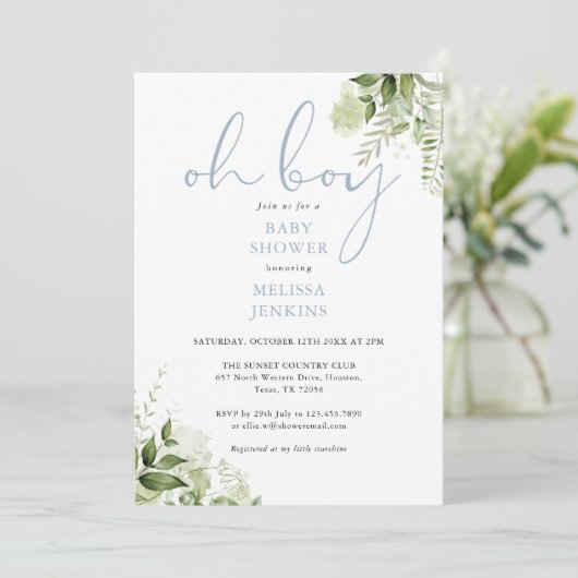 ああ男の子ほこりっぽい青い緑の赤ちゃんシャワー 招待状 (スタンド正面)