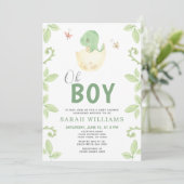ああ男の子QRコードかわいい緑の恐竜の赤ちゃんシャワー 招待状 (スタンド正面)