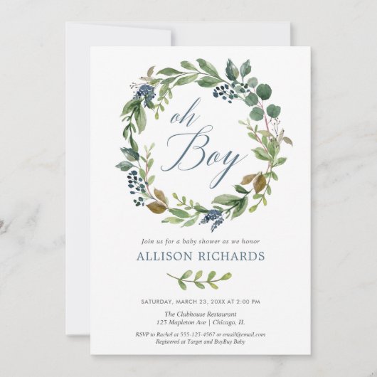 ああ緑の草木は挨りだらけの濃紺の花柄の男の子を去ります 招待状 (正面)