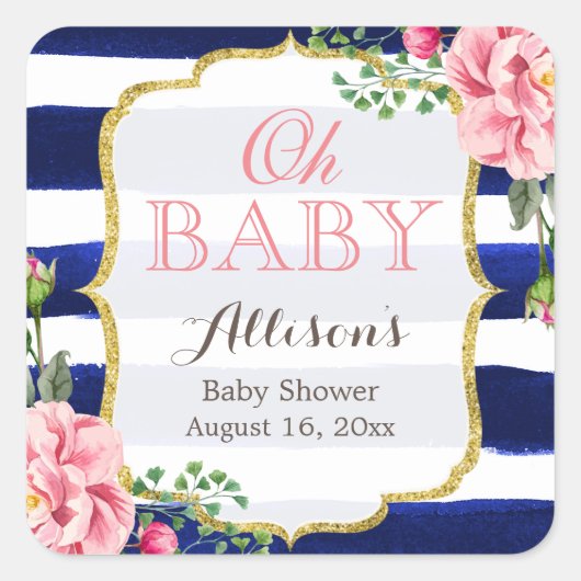 ああ赤ちゃんシャワーかわいいピンクフローラネイビーブルーストライプズ スクエアシール (正面)