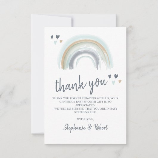 ああ赤ちゃんシャワーブルーボーホレインボーありがとう サンキューカード (正面)