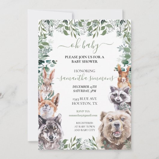 ああ赤ちゃんシャワー森林動物 招待状 (正面)