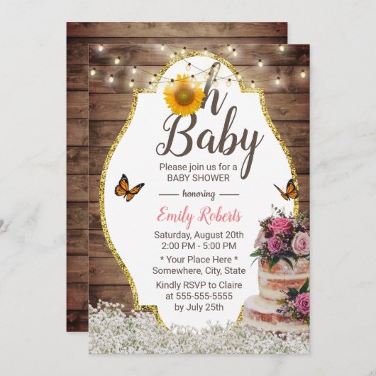 ああ赤ちゃんシャワー素朴フローラケーキひまわり 招待状 (正面/裏面)