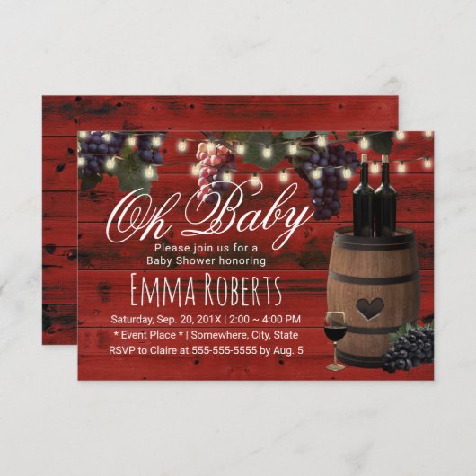 ああ赤ちゃんシャワ素朴ーワインバレルカントリー赤い納屋 招待状 (正面/裏面)