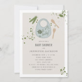 ああ赤ちゃんブルーよだれかけ豆フォークスプーン男の子ベイビーシャワー 招待状 (正面)