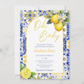ああ赤ちゃんブルー地中海のタイルレモンベイビーシャワー 招待状 (正面)
