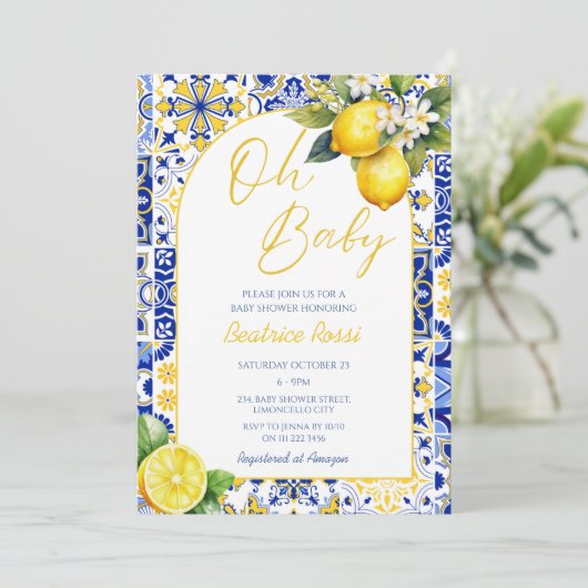 ああ赤ちゃんブルー地中海のタイルレモンベイビーシャワー 招待状 (スタンド正面)