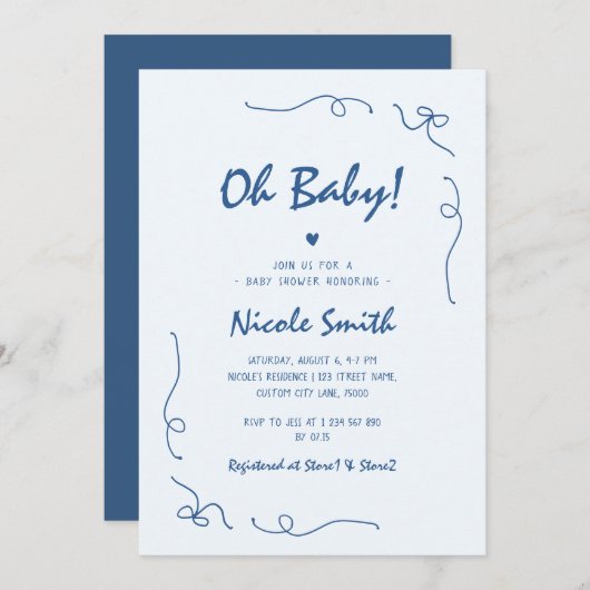 ああ赤ちゃんブルー手描き男の子フランスの赤ちゃんシャワー 招待状 (正面/裏面)