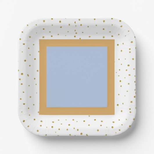ああ赤ちゃんブルー金ゴールド銀杏の葉正方形ベイビーシャワー ペーパープレート (正面)