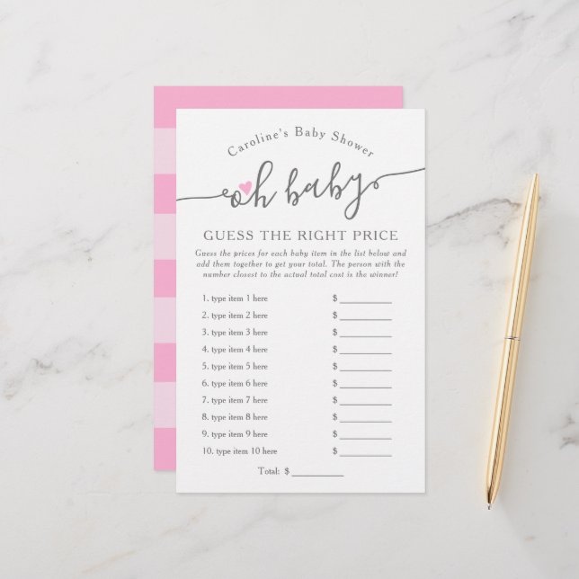 ああ赤ちゃん女の子の推測の価格ピンク赤ちゃんシャワーのゲーム (正面/裏面インサイチュ)