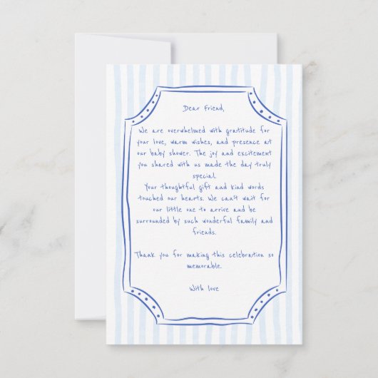 ああ赤ちゃん青ロッキングホースのスケッチ赤ちゃんシャワー サンキューカード (裏面)