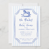 ああ赤ちゃん青ロッキングホースのスケッチ赤ちゃんシャワー 招待状 (正面)