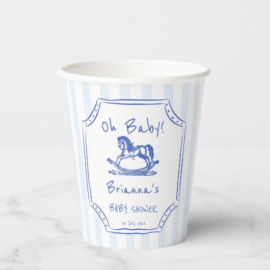 ああ赤ちゃん青ロッキングホースのスケッチ赤ちゃんシャワー 紙コップ (正面)