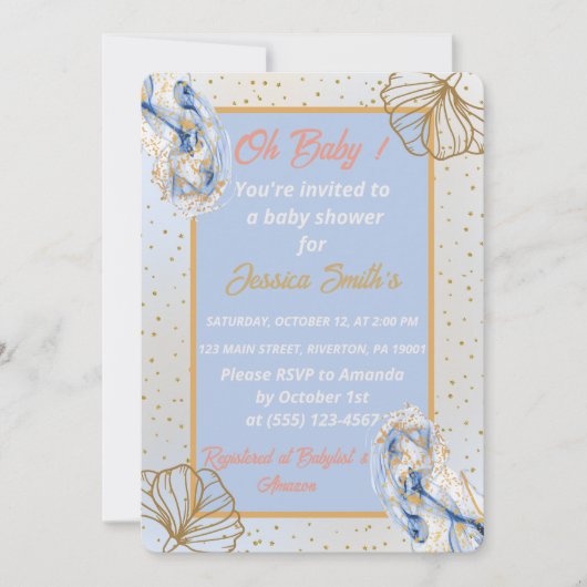 ああ赤ちゃん青金ゴールド銀杏の葉の赤ちゃんシャワー 招待状 (正面)