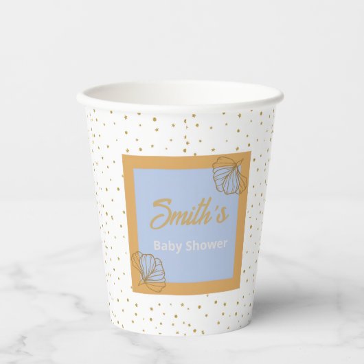 ああ赤ちゃん青金ゴールド銀杏の葉の赤ちゃんシャワー 紙コップ (正面)