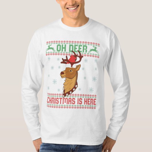 ああ鹿のクリスマスはここにここに醜いセーター鹿の恋人 Tシャツ (正面)
