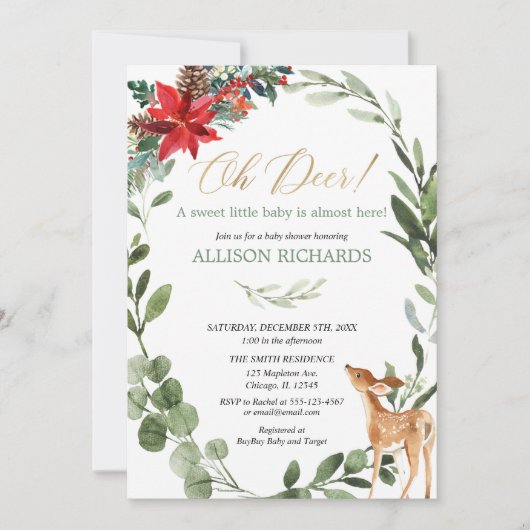 ああ鹿の男女兼用クリスマス赤ちゃんシャワー 招待状 (正面)