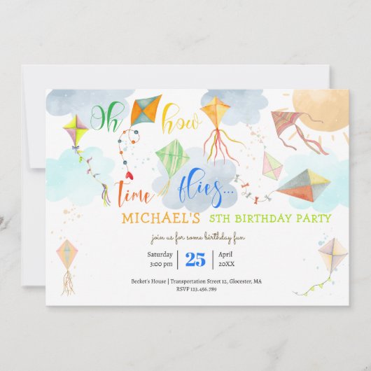ああ、どのように時間が水の色の凧の誕生日を飛ぶ 招待状 (正面)
